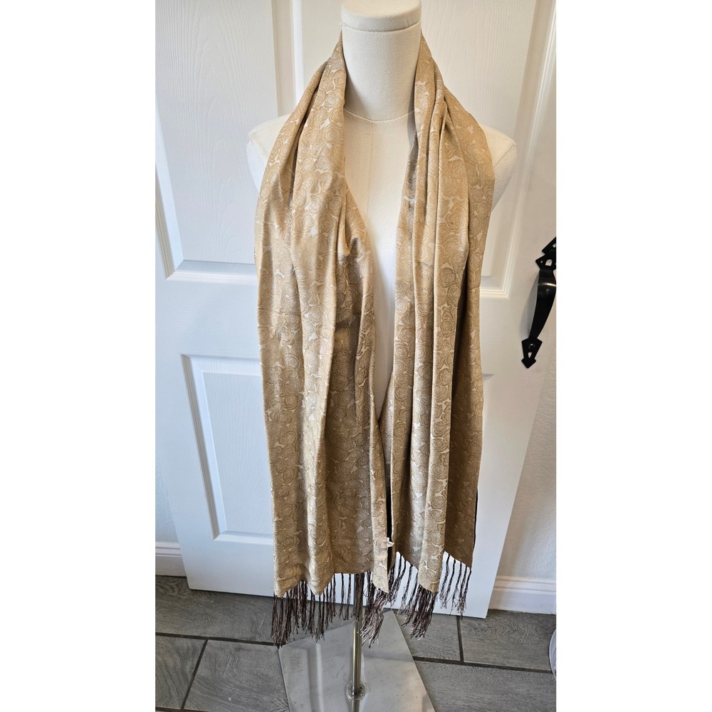 Reversible Silk Scarf Gold Tan Black Floral Rose Jacquard Fringe Wrap Long Scarf